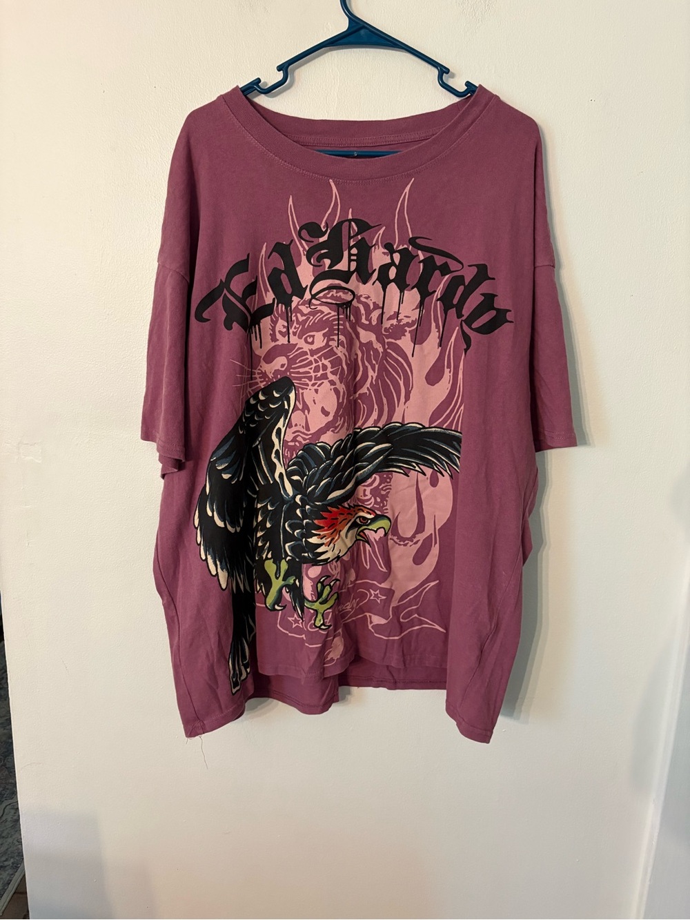 Ed Hardy Burgundy Graphic Short Sleeve Tee with Black Eagle Print